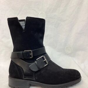 Clarks Black Suede Moto Boots with Buckles